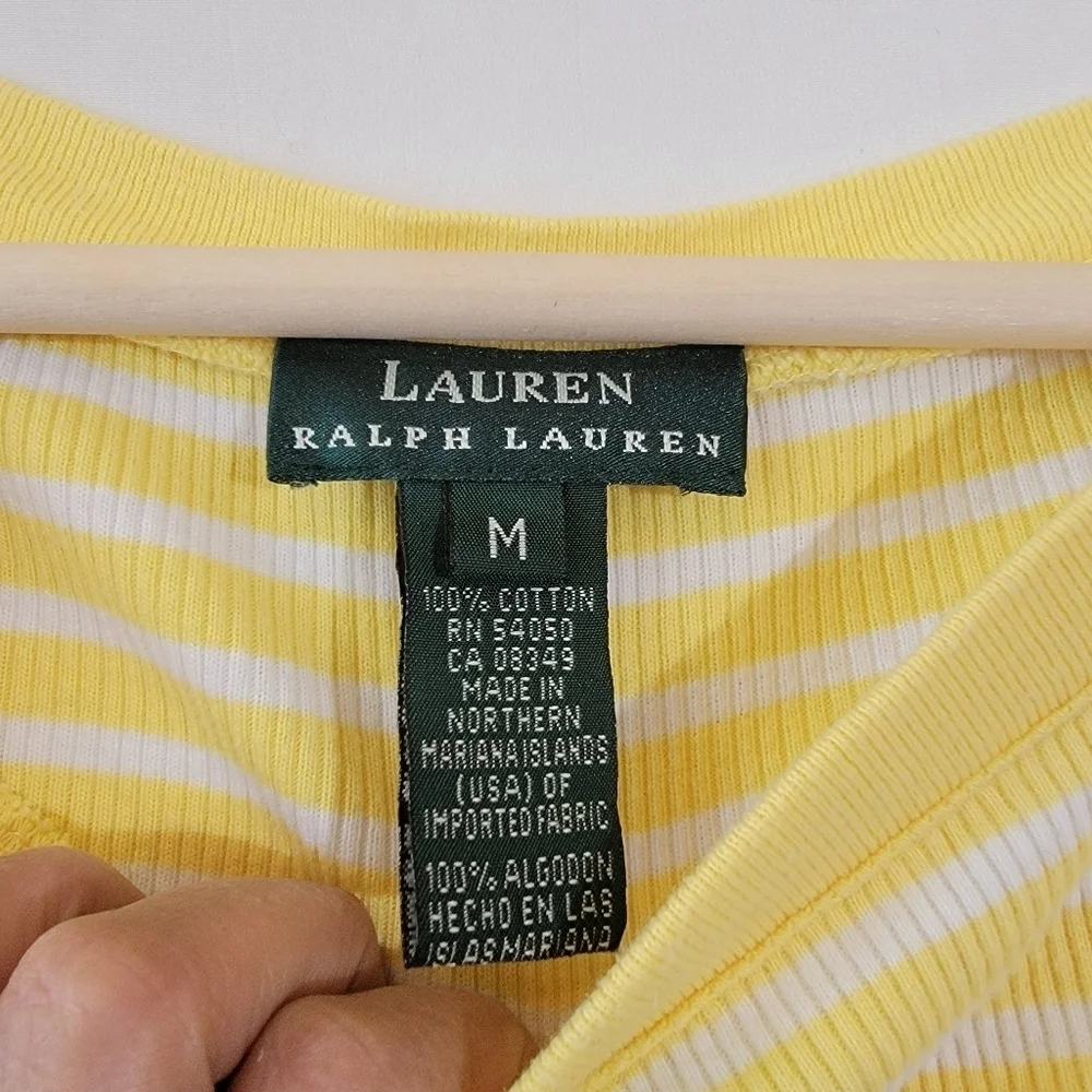 Lauren Ralph Lauren Yellow/White Striped Knit Top Sz M Boatneck 3/4 Sleeve - Picture 8 of 9